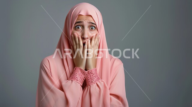 إيماءات الدهشة والخوف، التعجب والصدمة من حصول أمر ما، بورتربه مقرب لامرأة عربية خليجية سعودية محجبة ترتدي عباءة وردية تضع يديها على وجهها بتعابير تدل على الذهول، خلفية رمادية