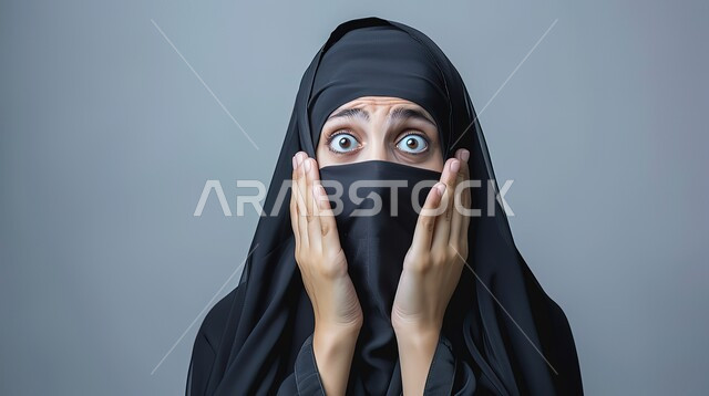 التعجب والصدمة من حصول أمر ما، النظر إلى الكاميرا بتعابير الدهشة والخوف، بورتربه مقرب لامرأة عربية خليجية سعودية محجبة ترتدي عباءة سوداء تضع يديها على وجهها بإيماءات تدل على الذهول، خلفية رمادية