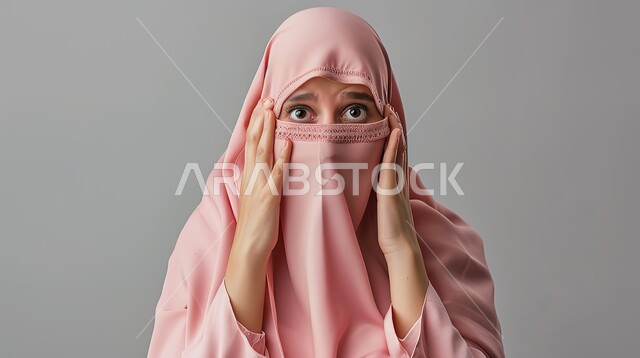 الصدمة والتعجب من حصول أمر ما، النظر إلى الكاميرا بتعابير الدهشة والخوف، بورتربه مقرب لامرأة عربية خليجية سعودية محجبة ترتدي عباءة وردية تضع يديها على وجهها بإيماءات تدل على الذهول، خلفية رمادية