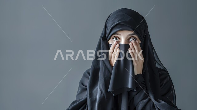 تعابير الدهشة والخوف، التعجب والصدمة من حصول أمر ما، بورتربه مقرب لامرأة عربية خليجية سعودية محجبة ترتدي عباءة سوداء تضع يديها على وجهها بإيماءات تدل على الذهول، خلفية رمادية