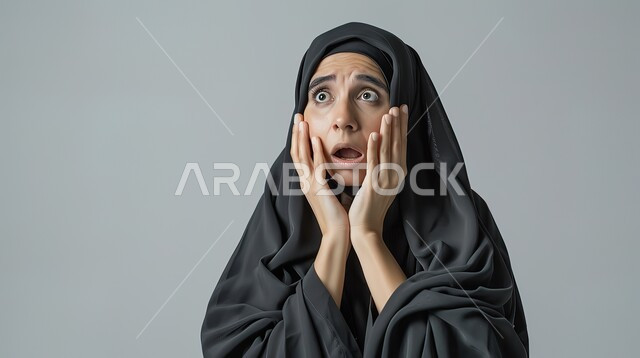 Expressions of astonishment and fear, astonishment and shock at something happening, close-up portrait of a veiled Saudi Gulf Arab woman wearing a black abaya, placing her hands on her face with gestures indicating astonishment, gray background