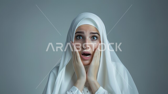 الصدمة والتعجب من حصول أمر ما، النظر إلى الكاميرا بتعابير الدهشة والخوف، بورتربه مقرب لامرأة عربية خليجية سعودية محجبة ترتدي عباءة بيضاء تضع يديها على وجهها بإيماءات تدل على الذهول، خلفية رمادية