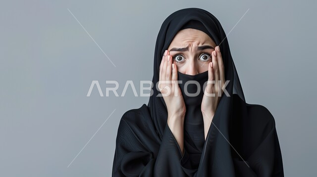 التعجب والصدمة من حصول أمر ما، النظر إلى الكاميرا بتعابير الدهشة والخوف، بورتربه مقرب لامرأة عربية خليجية سعودية محجبة ترتدي عباءة سوداء تضع يديها على وجهها بإيماءات تدل على الذهول، خلفية رمادية