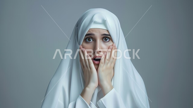 تعابير الدهشة والخوف، التعجب والصدمة من حصول أمر ما، بورتربه مقرب لامرأة عربية خليجية سعودية محجبة ترتدي عباءة بيضاء تضع يديها على وجهها بإيماءات تدل على الذهول، خلفية رمادية