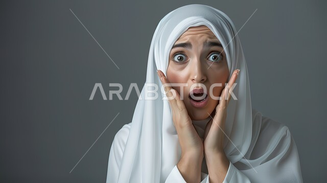 الصدمة والتعجب من حصول أمر ما، النظر إلى الكاميرا بتعابير الدهشة والخوف، بورتربه مقرب لامرأة عربية خليجية سعودية محجبة ترتدي عباءة بيضاء تضع يديها على وجهها بإيماءات تدل على الذهول، خلفية رمادية