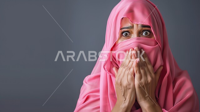 النظر إلى الكاميرا بتعابير الدهشة والخوف، التعجب من حصول أمر ما، بورتربه مقرب لامرأة عربية خليجية سعودية محجبة ترتدي عباءة وردية تضع يديها على وجهها بإيماءات تدل على الصدمة والذهول، خلفية رمادية