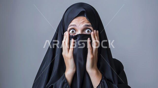 تعابير الدهشة والخوف، التعجب والصدمة من حصول أمر ما، بورتربه مقرب لامرأة عربية خليجية سعودية محجبة ترتدي عباءة سوداء تضع يديها على وجهها بإيماءات تدل على الذهول، خلفية رمادية