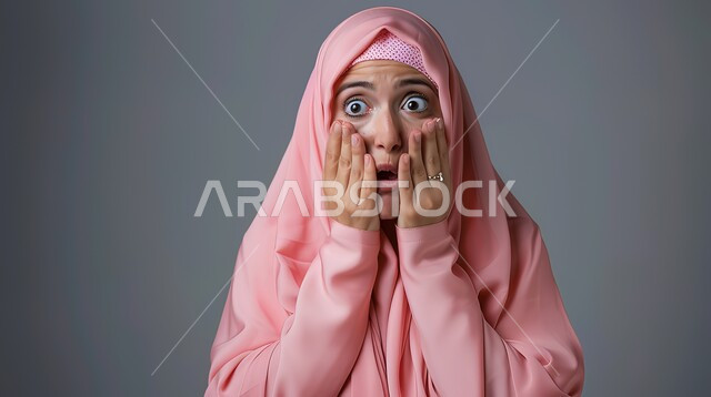 النظر إلى الكاميرا بتعابير الدهشة والخوف، التعجب من حصول أمر ما، بورتربه مقرب لامرأة عربية خليجية سعودية محجبة ترتدي عباءة وردية تضع يديها على وجهها بإيماءات تدل على الصدمة والذهول، خلفية رمادية