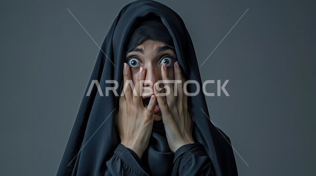 التعجب والصدمة من حصول أمر ما، النظر إلى الكاميرا بتعابير الدهشة والخوف، بورتربه مقرب لامرأة عربية خليجية سعودية محجبة ترتدي عباءة سوداء تضع يديها على وجهها بإيماءات تدل على الذهول، خلفية رمادية