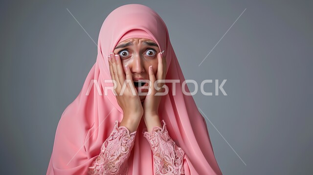 الصدمة والتعجب من حصول أمر ما، النظر إلى الكاميرا بتعابير الدهشة والخوف، بورتربه مقرب لامرأة عربية خليجية سعودية محجبة ترتدي عباءة وردية تضع يديها على وجهها بإيماءات تدل على الذهول، خلفية رمادية