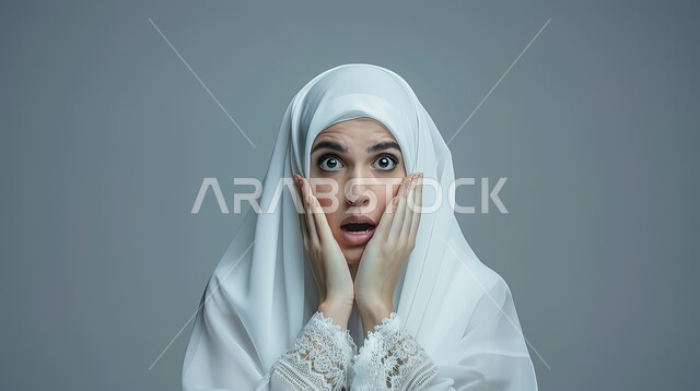 الصدمة والتعجب من حصول أمر ما، النظر إلى الكاميرا بتعابير الدهشة والخوف، بورتربه مقرب لامرأة عربية خليجية سعودية محجبة ترتدي عباءة بيضاء تضع يديها على وجهها بإيماءات تدل على الذهول، خلفية رمادية