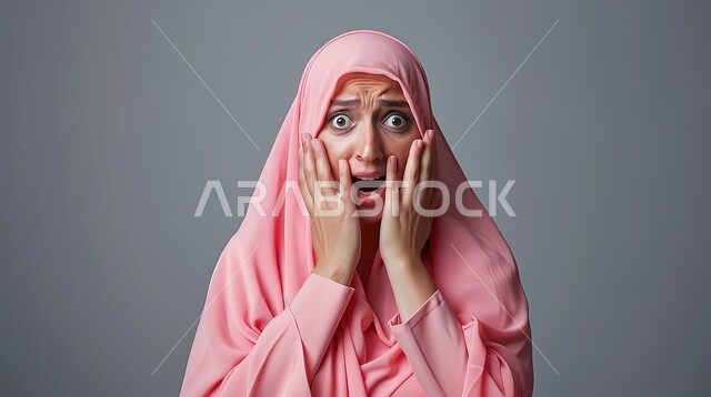 النظر إلى الكاميرا بتعابير الدهشة والخوف، التعجب من حصول أمر ما، بورتربه مقرب لامرأة عربية خليجية سعودية محجبة ترتدي عباءة وردية تضع يديها على وجهها بإيماءات تدل على الصدمة والذهول، خلفية رمادية