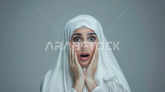 تعابير الدهشة والخوف، التعجب والصدمة من حصول أمر ما، بورتربه مقرب لامرأة عربية خليجية سعودية محجبة ترتدي عباءة بيضاء تضع يديها على وجهها بإيماءات تدل على الذهول، خلفية رمادية