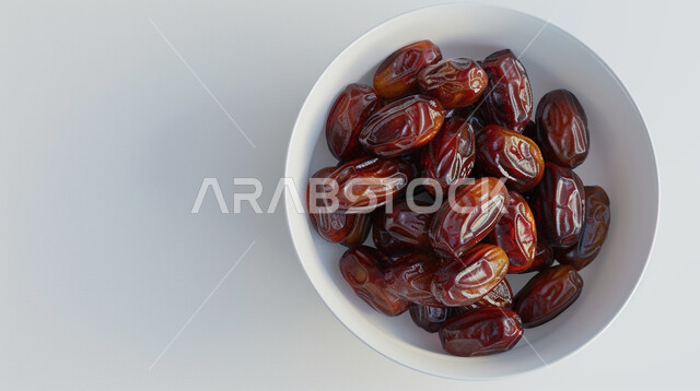 تمور من نخيل المملكة العربية السعودية، محاصيل ومنتجات زراعية محلية وطنية سعودية، طبق مليء بالتمر السكري الصحي الطازج، وجبة ذات قيمة غذائية عالية، ضيافة رمضانية لذيذة