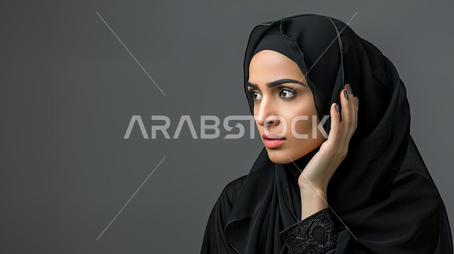 استراق السمع والتجسس، تعابير التركيز والاستماع، بورتريه مقرب من الجانب لإمرأة عربية خليجية سعودية محجبة ترتدي عباءة سوداء تضع يدها على اذنها بايماءات الاصغاء، خلفية رمادية