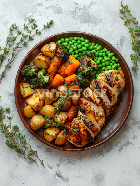 وجبات غذائية مفيدة, اللحم المطبوخ بشكل جيد مع الخضروات المتنوعة, الجزر والبروكلي والبطاطا وحبات البازلاء الشهية, وصفات طعام لذيذة, حمية صحية, خضروات متنوعة ومطبوخة