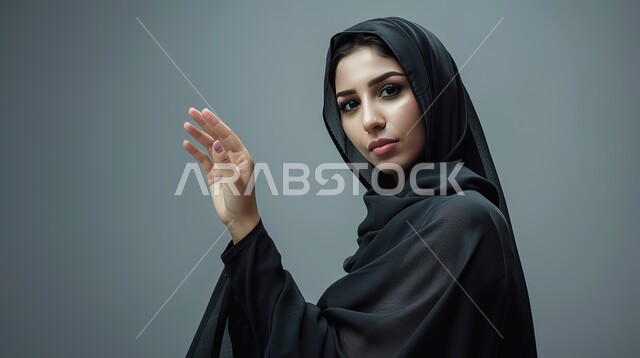 ايماءات إلقاء التحية والسلام، تعابير الترحيب والاستقبال، بورتريه مقرب لإمرأة عربية خليجية سعودية محجبة ترتدي عباءة سوداء تقوم برفع يدها للأعلى، خلفية رمادية