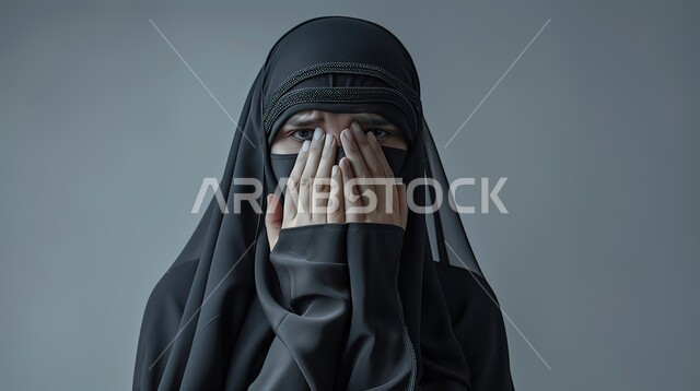 تعابير تدل على البكاء والحزن، بورتريه مقرب لامرأه عربيه خليجيه سعوديه محجبة ترتدي عباءة سوداء تضع كفيها على وجهها بايماءات إغماض العينين وانتظار رؤية المفاجأة، خلفية رمادية