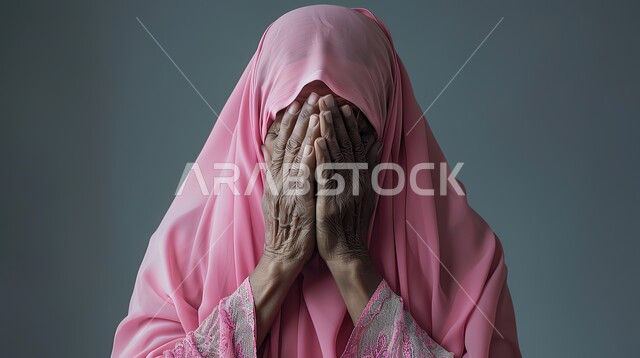 ايماءات إغماض العينين وانتظار رؤية المفاجأة، بورتريه مقرب لامرأه عربيه خليجيه سعوديه محجبة ترتدي عباءة وردية تضع كفيها على وجهها بتعابير تدل على البكاء والحزن، خلفية رمادية