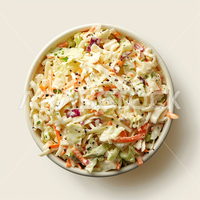 طبق من سلطة الملفوف والجزر الطازج, سلطات باردة لذيذة, مقبلات خفيفة متنوعة, أطباق وأطعمة تحوي على عناصر غذائية عالية, خلفية بيضاء