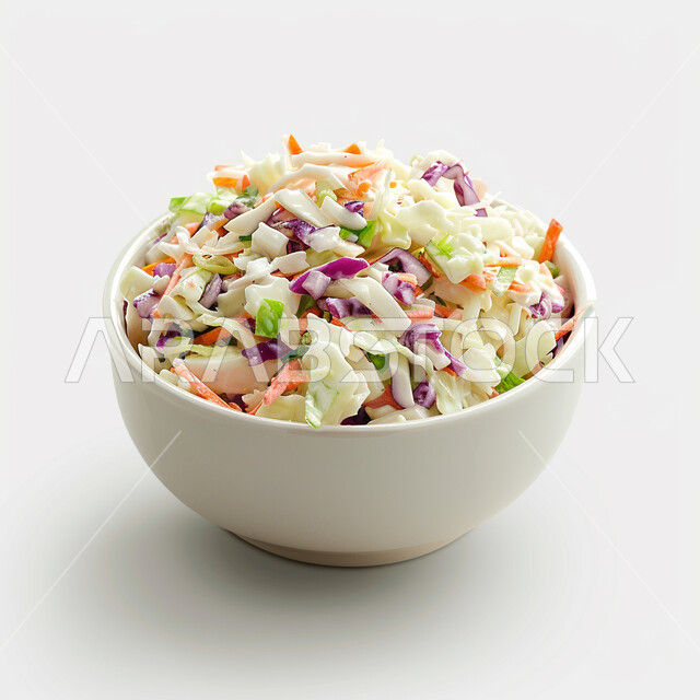 سلطات باردة ولذيذة, طبق من سلطة الملفوف والجزر الطازج, مقبلات خفيفة متنوعة, أطباق وأطعمة تحوي على عناصر غذائية عالية, خلفية بيضاء