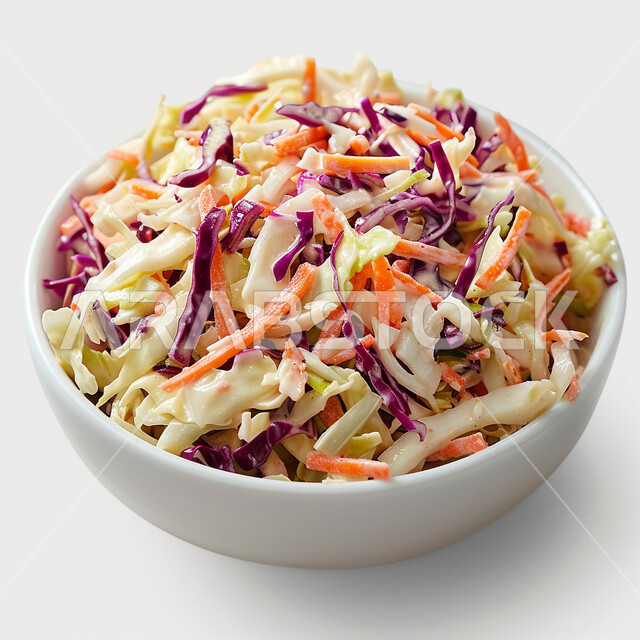 Delicious cabbage and carrot salad, white and purple cabbage with delicious sauce, various light appetizers, dishes and foods containing high nutritional elements, delicious cold salads, white background
