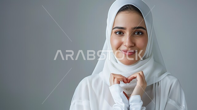 مفهوم المحبة والمودة، ايماءات يدين على شكل قلب، اظهار مشاعر الحب والشغف، بورتريه مقرب لامرأه عربيه خليجيه سعوديه محجبة ترتدي عباءة بيضاء تنظر إلى الكاميرا بتعابير السرور والسعادة، خلفية رمادية