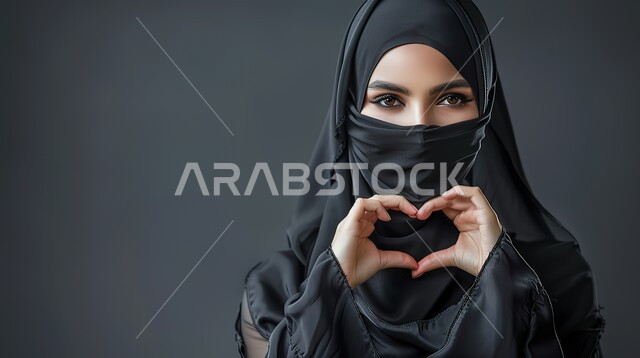 اظهار مشاعر الحب والشغف، مفهوم المحبة والمودة، ايماءات يدين على شكل قلب، بورتريه مقرب لامرأه عربيه خليجيه سعوديه محجبة ترتدي عباءة سوداء تنظر إلى الكاميرا بتعابير السرور والسعادة، خلفية رمادية