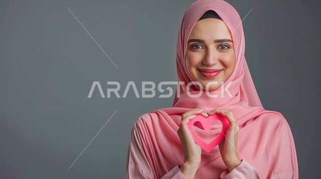 مفهوم المحبة والمودة، اظهار مشاعر الحب والشغف، ايماءات يدين على شكل قلب، بورتريه مقرب لامرأه عربيه خليجيه سعوديه محجبة ترتدي عباءة وردية تنظر إلى الكاميرا بتعابير السرور والسعادة، خلفية رمادية