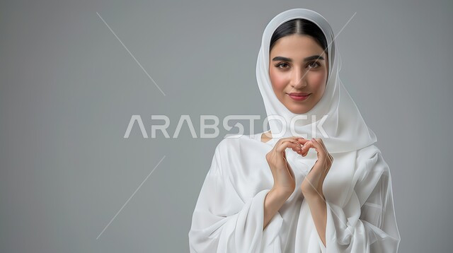 اظهار مشاعر الحب والشغف، مفهوم المحبة والمودة، ايماءات يدين على شكل قلب، بورتريه مقرب لامرأه عربيه خليجيه سعوديه محجبة ترتدي عباءة بيضاء تنظر إلى الكاميرا بتعابير السرور والسعادة، خلفية رمادية
