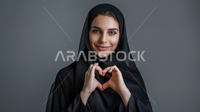 Heart-shaped hand gestures, showing feelings of love and passion, the concept of love and affection, a close-up portrait of a veiled Saudi Gulf Arab woman wearing a black abaya looking at the camera with expressions of pleasure and happiness, gray background