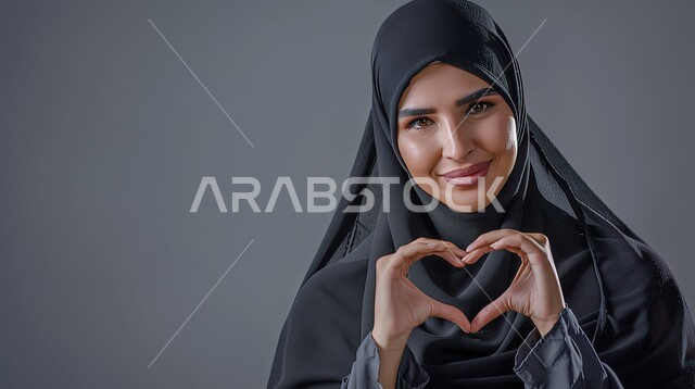 Heart-shaped hand gestures, showing feelings of love and passion, the concept of love and affection, a close-up portrait of a veiled Saudi Gulf Arab woman wearing a black abaya looking at the camera with expressions of pleasure and happiness, gray background