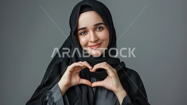 اظهار مشاعر الحب والشغف، مفهوم المحبة والمودة، ايماءات يدين على شكل قلب، بورتريه مقرب لامرأه عربيه خليجيه سعوديه محجبة ترتدي عباءة سوداء تنظر إلى الكاميرا بتعابير السرور والسعادة، خلفية رمادية