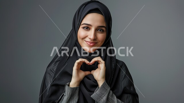 مفهوم المحبة والمودة، اظهار مشاعر الحب والشغف، ايماءات يدين على شكل قلب، بورتريه مقرب لامرأه عربيه خليجيه سعوديه محجبة ترتدي عباءة سوداء تنظر إلى الكاميرا بتعابير السرور والسعادة، خلفية رمادية