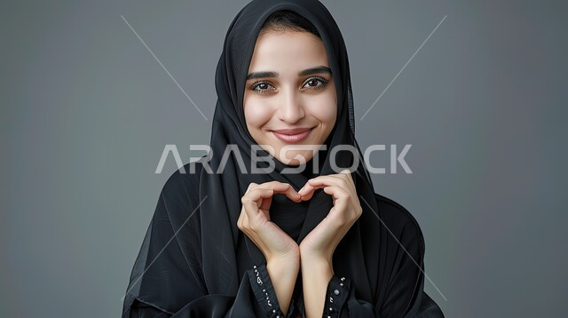 مفهوم المحبة والمودة، اظهار مشاعر الحب والشغف، ايماءات يدين على شكل قلب، بورتريه مقرب لامرأه عربيه خليجيه سعوديه محجبة ترتدي عباءة سوداء تنظر إلى الكاميرا بتعابير السرور والسعادة، خلفية رمادية