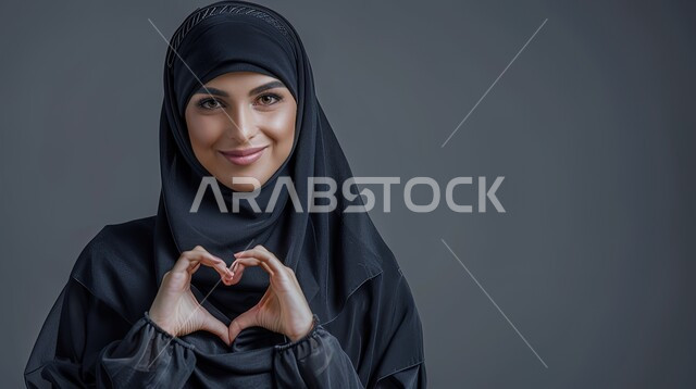 اظهار مشاعر الحب والشغف، مفهوم المحبة والمودة، ايماءات يدين على شكل قلب، بورتريه مقرب لامرأه عربيه خليجيه سعوديه محجبة ترتدي عباءة سوداء تنظر إلى الكاميرا بتعابير السرور والسعادة، خلفية رمادية