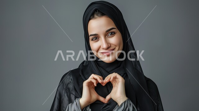 ايماءات يدين على شكل قلب، اظهار مشاعر الحب والشغف، مفهوم المحبة والمودة، بورتريه مقرب لامرأه عربيه خليجيه سعوديه محجبة ترتدي عباءة سوداء تنظر إلى الكاميرا بتعابير السرور والسعادة، خلفية رمادية