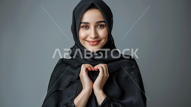 Showing feelings of love and passion, the concept of love and affection, heart-shaped hand gestures, a close-up portrait of a veiled Saudi Gulf Arab woman wearing a black abaya looking at the camera with expressions of joy and happiness, gray background