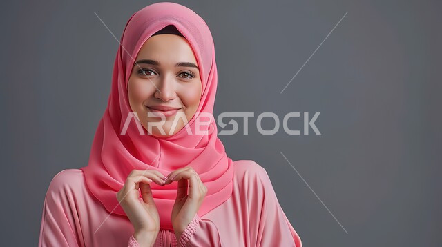 مفهوم المحبة والمودة، اظهار مشاعر الحب والشغف، ايماءات يدين على شكل قلب، بورتريه مقرب لامرأه عربيه خليجيه سعوديه محجبة ترتدي عباءة وردية تنظر إلى الكاميرا بتعابير السرور والسعادة، خلفية رمادية