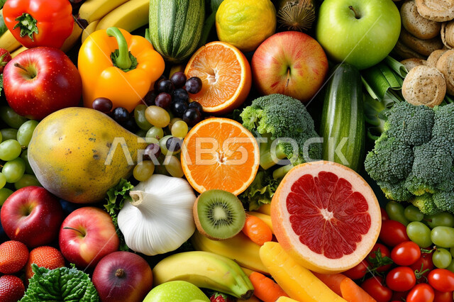 تنوع المحاصيل الزراعية غي المملكة العربية السعودية, صورة مقربة لمجموعة من الخضروات والفواكه الطازجة, التنوع في الأشكال والألوان الجذابة, متجر لبيع الخضار والفواكه , مأكولات صحية ومفيدة, مصددر الفيتامينات الأساسي