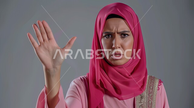 تعابير الرفض والإمتناع، الأمر بالتوقف عن فعل شيء ما، بورتريه مقرب لامرأه عربيه خليجيه سعوديه محجة ترتدي عباءة وردية ترفع يدها بإيماءات تدل على النهي، الشعور بالإنزعاج والغضب، خلفية رمادية