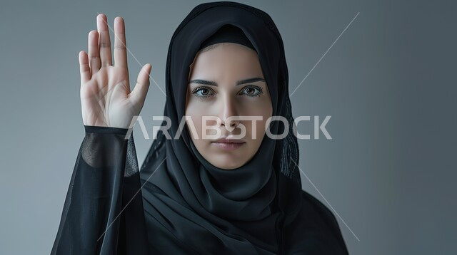 الشعور بالإنزعاج والغضب، الأمر بالتوقف عن فعل شيء ما، تعابير الرفض والإمتناع، بورتريه مقرب لامرأه عربيه خليجيه سعوديه محجة ترتدي عباءة سوداء ترفع يدها بإيماءات تدل على النهي، خلفية رمادية