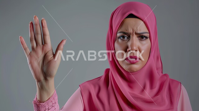 الأمر بالتوقف عن فعل شيء ما، تعابير الرفض والإمتناع، بورتريه مقرب لامرأه عربيه خليجيه سعوديه محجة ترتدي عباءة وردية ترفع يدها بإيماءات تدل على النهي، الشعور بالإنزعاج والغضب، خلفية رمادية