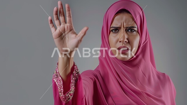 تعابير الرفض والإمتناع، الأمر بالتوقف عن فعل شيء ما، بورتريه مقرب لامرأه عربيه خليجيه سعوديه محجة ترتدي عباءة وردية ترفع يدها بإيماءات تدل على النهي، الشعور بالإنزعاج والغضب، خلفية رمادية