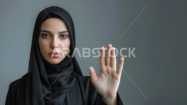 الشعور بالإنزعاج والغضب، الأمر بالتوقف عن فعل شيء ما، تعابير الرفض والإمتناع، بورتريه مقرب لامرأه عربيه خليجيه سعوديه محجة ترتدي عباءة سوداء ترفع يدها بإيماءات تدل على النهي، خلفية رمادية