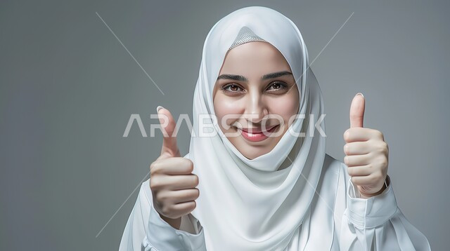 تعابير الإعجاب والرضى، بورتريه مقرب لامرأه عربيه خليجيه سعوديه محجبة ترتدي عباءة بيضاء ترفع اصبع الابهام بإيماءات الامتياز والجودة، مفهوم القبول والموافقه، خلفية رمادية