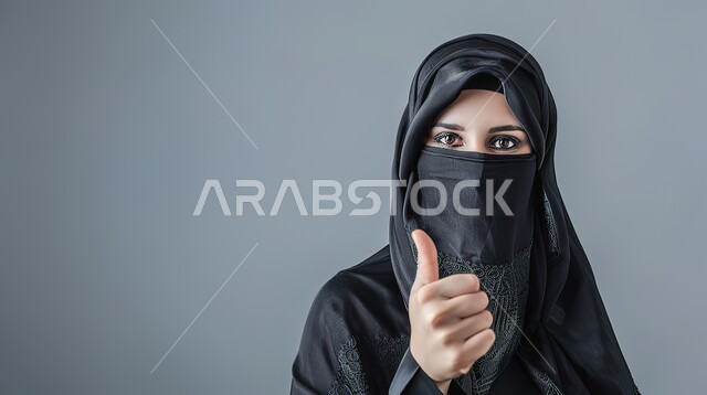 مفهوم القبول والموافقه، تعابير الإعجاب والرضى، بورتريه مقرب لامرأه عربيه خليجيه سعوديه منقبة ترتدي عباءة سوداء ترفع اصبع الابهام بإيماءات الامتياز والجودة، خلفية رمادية
