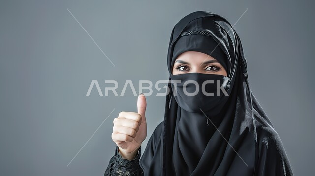 إيماءات الامتياز والجودة، مفهوم القبول والموافقه، بورتريه مقرب لامرأه عربيه خليجيه سعوديه منقبة ترتدي عباءة سوداء ترفع اصبع الابهام بتعابير الإعجاب والرضى، خلفية رمادية