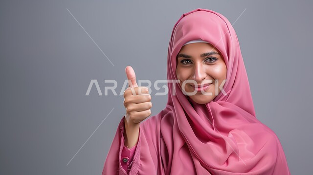 تعابير الإعجاب والرضى، بورتريه مقرب لامرأه عربيه خليجيه سعوديه محجبة ترتدي عباءة وردية ترفع اصبع الابهام بإيماءات الامتياز والجودة، مفهوم القبول والموافقه، خلفية رمادية