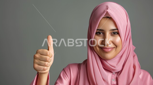 تعابير الإعجاب والرضى، بورتريه مقرب لامرأه عربيه خليجيه سعوديه محجبة ترتدي عباءة وردية ترفع اصبع الابهام بإيماءات الامتياز والجودة، مفهوم القبول والموافقه، خلفية رمادية